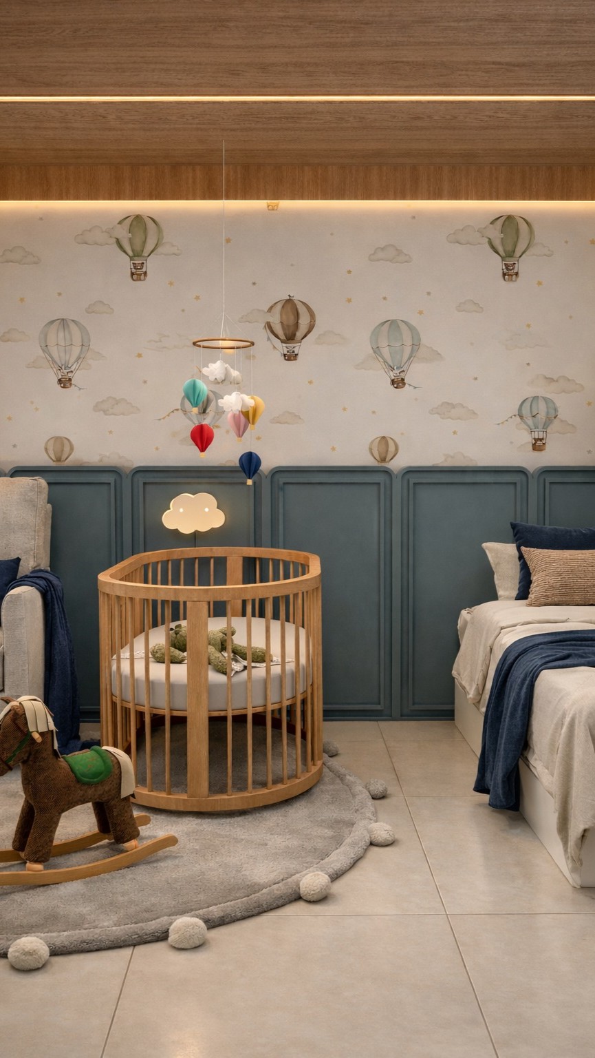 Quarto acolhedor com cabeceira de madeira