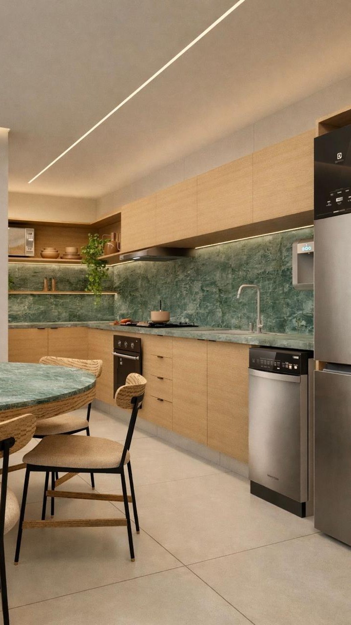 Cozinha moderna com ilha e banquetas
